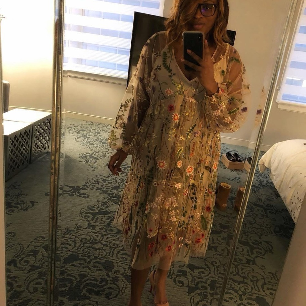 H&M Sheer Embroidered Floral Midi Dress | Size L